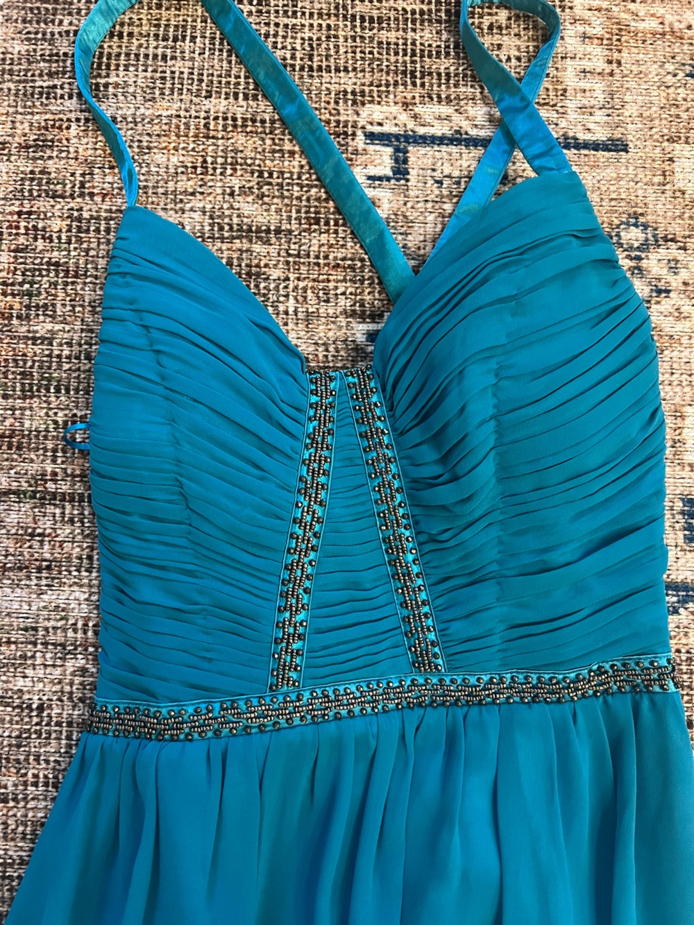 Turquoise Pleated Maxi Dress with Beaded Waist